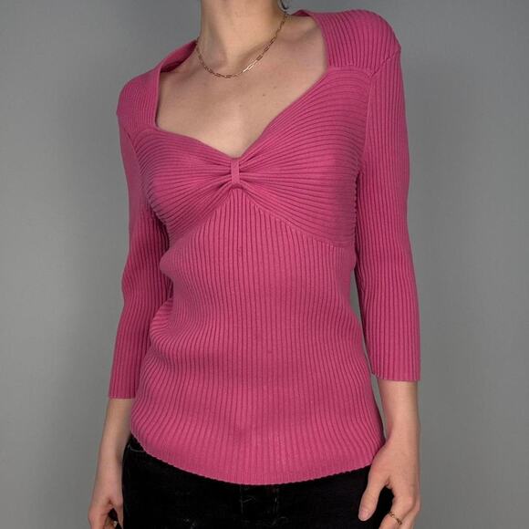 Pink ribbed v neck sweater knit top y2k bow detail size large from Link - Picture 6 of 8